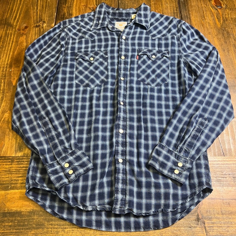 Levis Barstow Western Shirt Mens Medium Blue Plaid Pearl Snap,‎ workwear